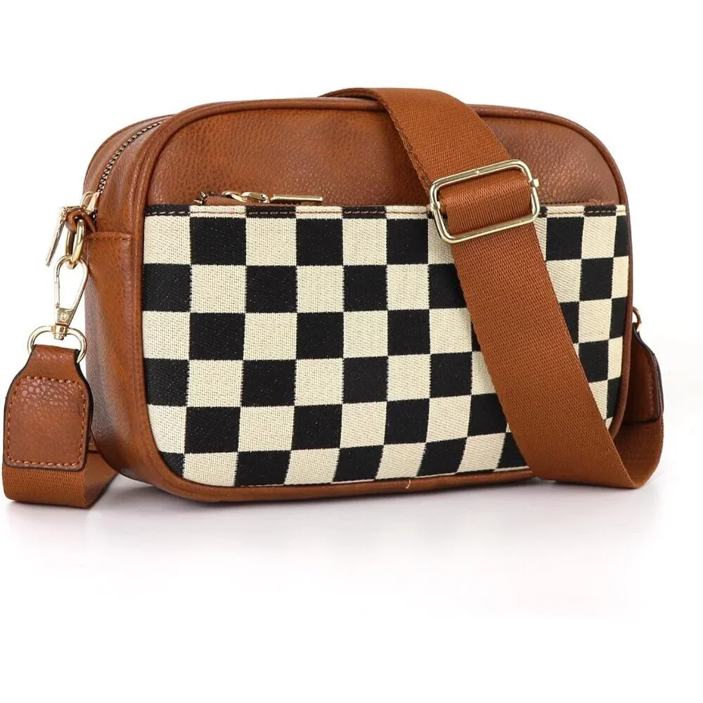 Vegan Leather Crossbody Bag Women Embroidered Strap Multiple Pockets